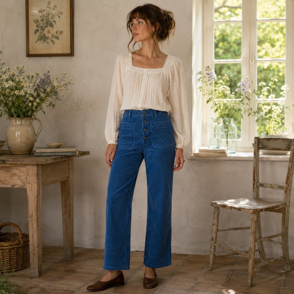Apiece Apart Womens Martson Corduroy Pants Sz 2 Blue High Rise Button Fly Ankle